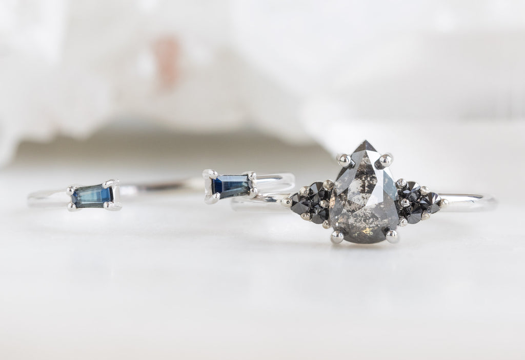 The Ivy Ring with a Rose-Cut Black Diamond with Open Cuff Montana Sapphire Baguette Stacking Band