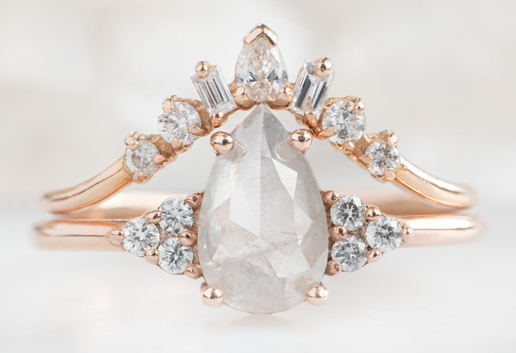 The Ivy Ring with a Rose-Cut Opalescent Diamond with Geometric Diamond Sunburst Stacking Band