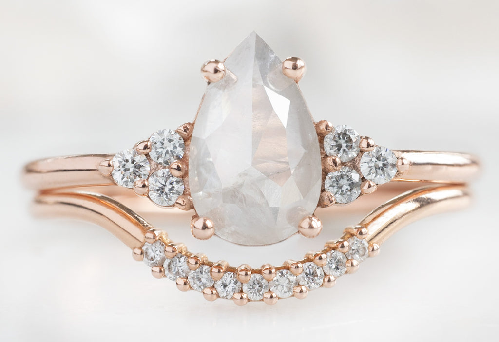 The Ivy Ring with a Rose-Cut Opalescent Diamond with Pavé Arc Stacking Band