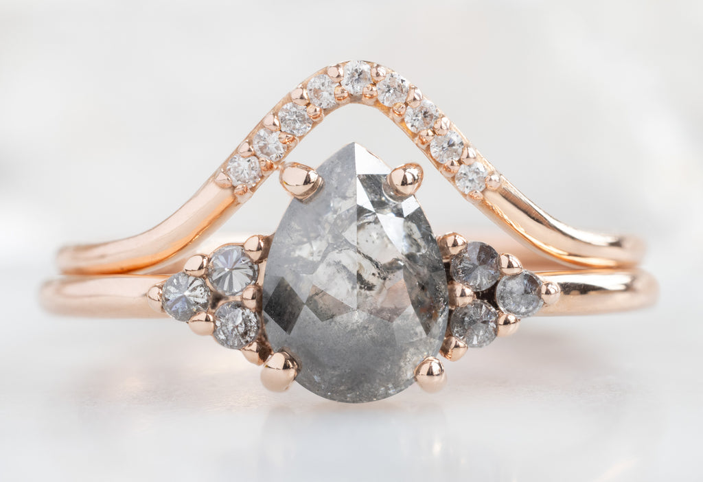 The Ivy Ring with a Rose-Cut Salt and Pepper Diamond with Pavé Peak Diamond Stacking Band