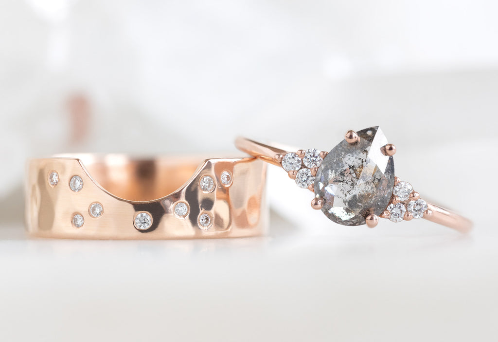 The Ivy Ring with a Rose-Cut Salt and Pepper Diamond with the Constellation Cut-Out Stacking Band