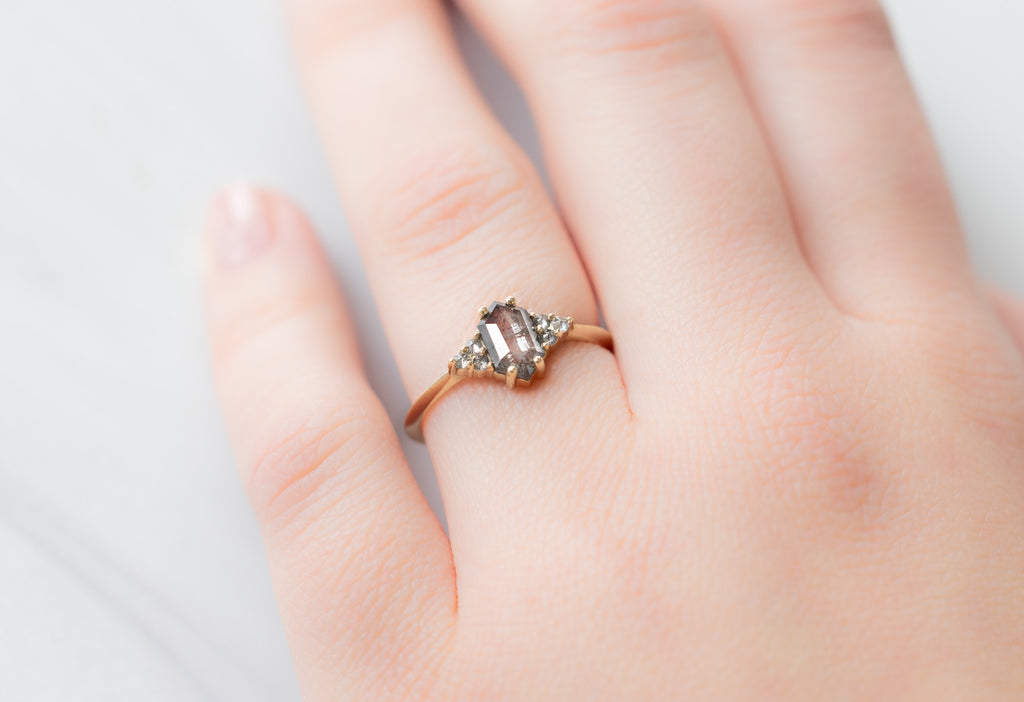 The Ivy Ring with a Salt and Pepper Hexagon Diamond on Model