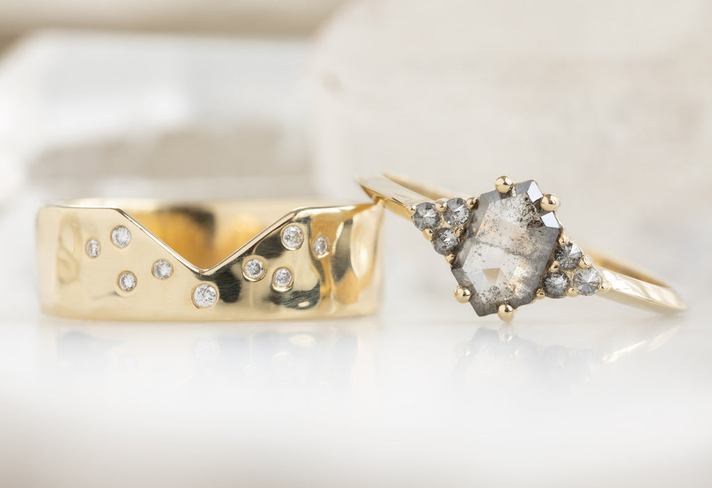The Ivy Ring with a Salt and Pepper Hexagon Diamond with Constellation Cut-Out Stacking Band