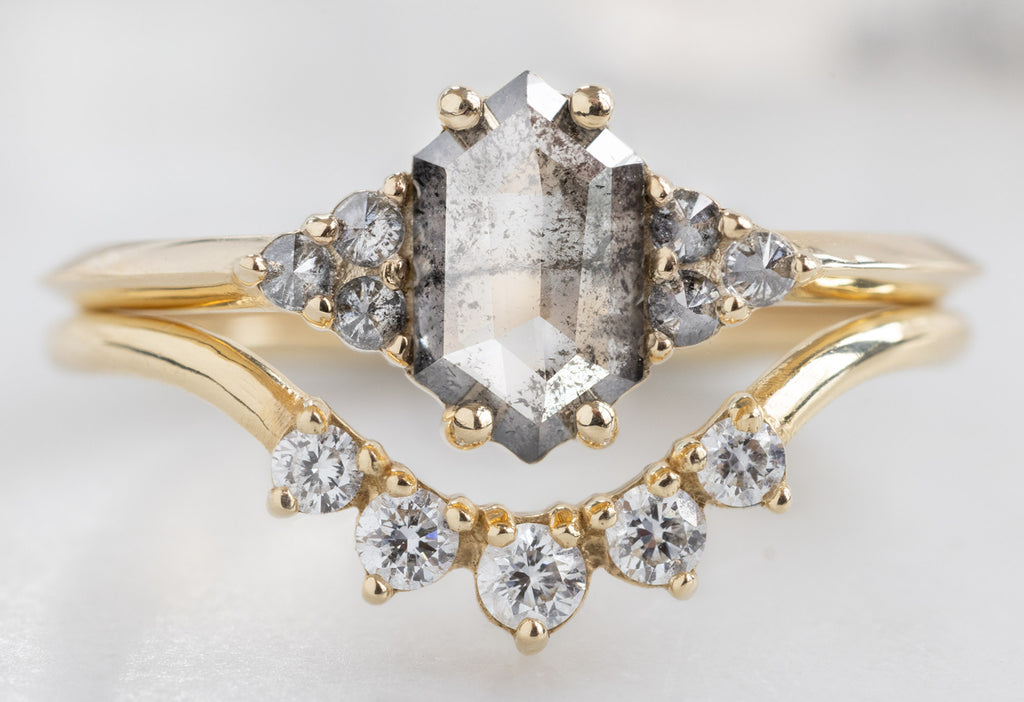 The Ivy Ring with a Salt and Pepper Hexagon Diamond with Round Diamond Sunburst Stacking Band