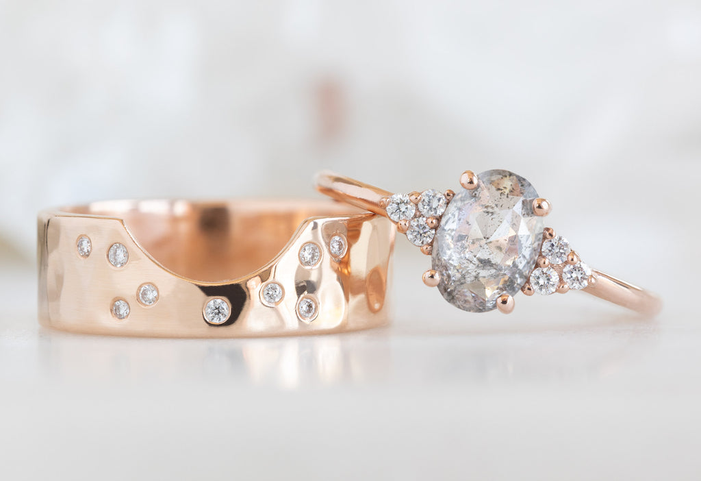 The Ivy Ring with an Oval-Cut Salt and Pepper Diamond with Constellation Cut-Out Stacking Band