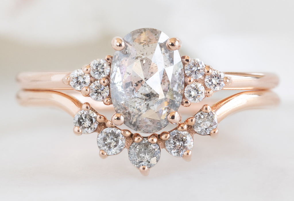 The Ivy Ring with an Oval-Cut Salt and Pepper Diamond with Round Diamond Sunburst Stacking Band