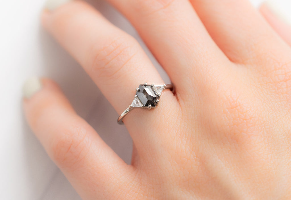 The Jade Ring with a Black Hexagon Diamond on Model