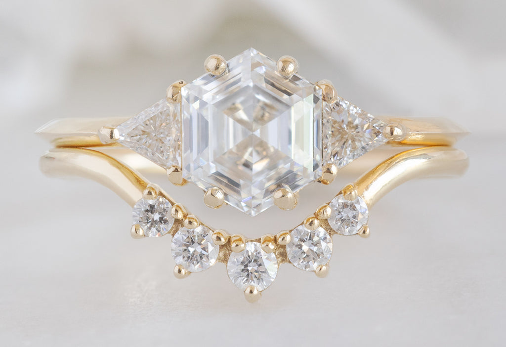 The Jade Ring with a Lab Grown Hexagon Diamond with Round White Diamond Sunburst Stacking Band