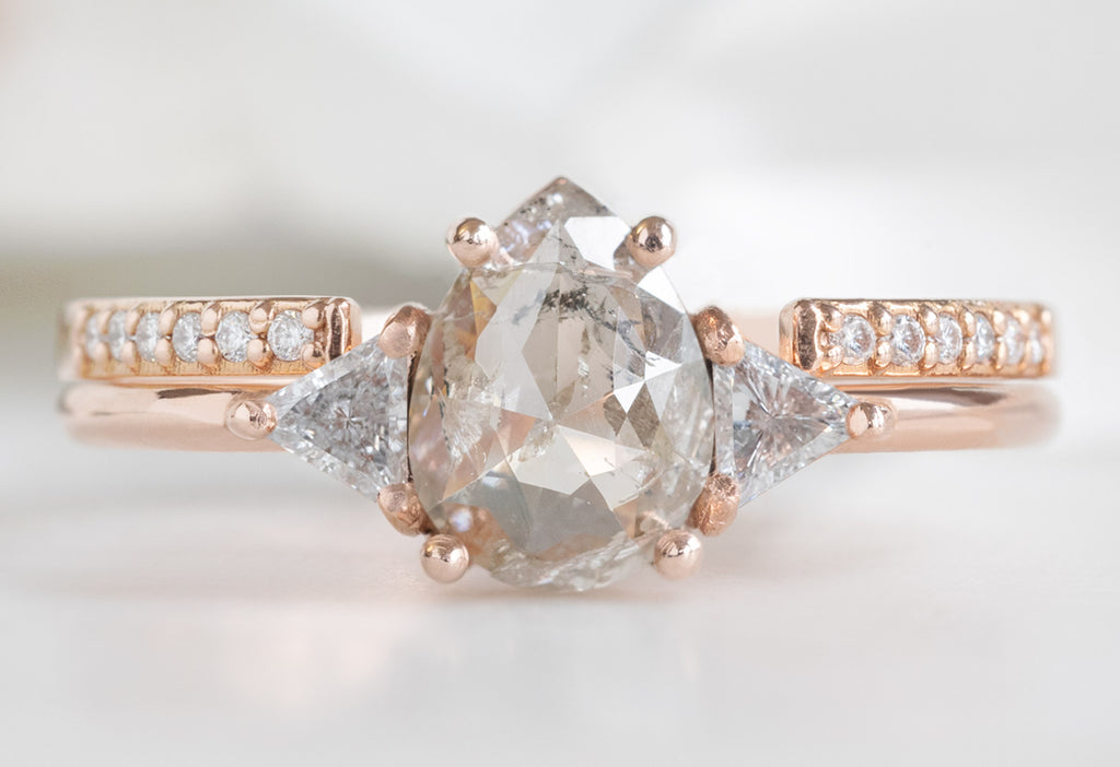 The Jade Ring with a Rose-Cut Pink Diamond with Open Cuff Pavé Diamond Stacking Band