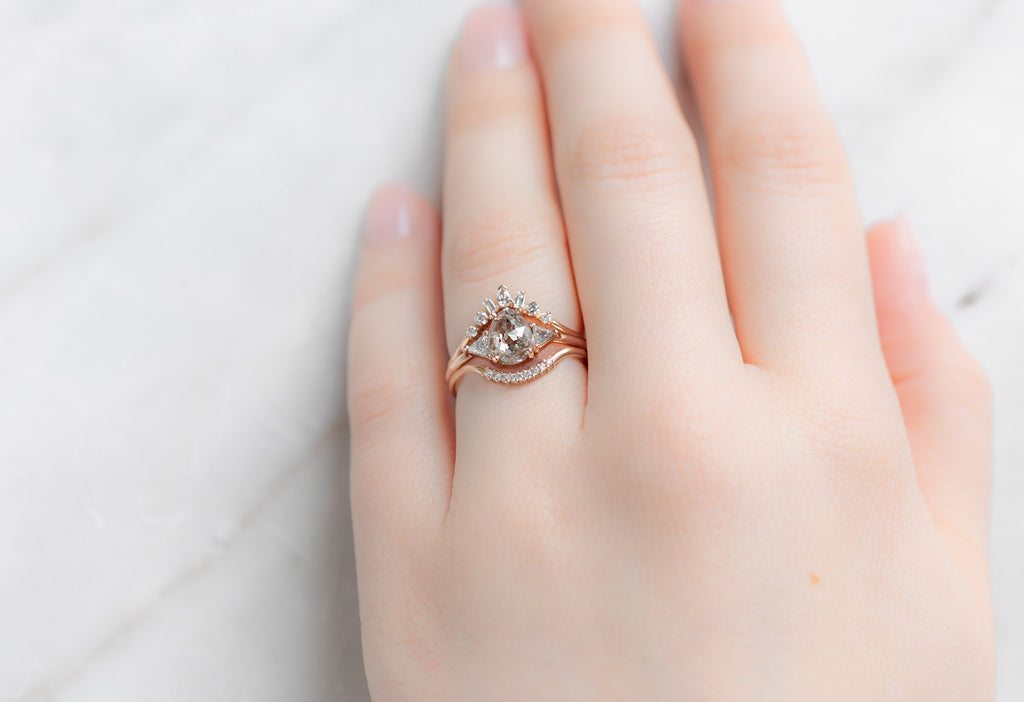 The Jade Ring with a Rose-Cut Pink Diamond with White Diamond Stacking Bands on Model