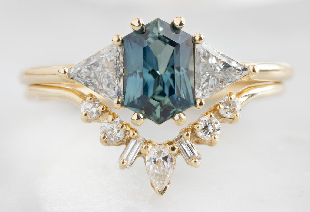 The Jade Ring with a Sapphire Hexagon with a Geometric Diamond Sunburst Stacking Band