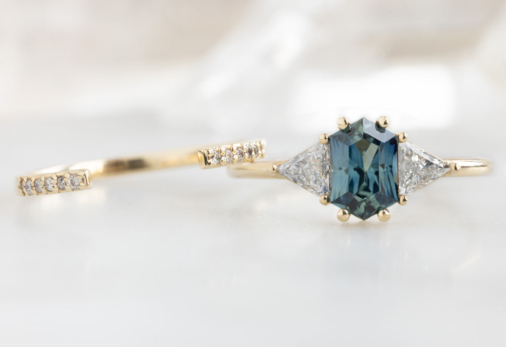 The Jade Ring with a Sapphire Hexagon with an Open Cuff Pavé Diamond Stacking Band