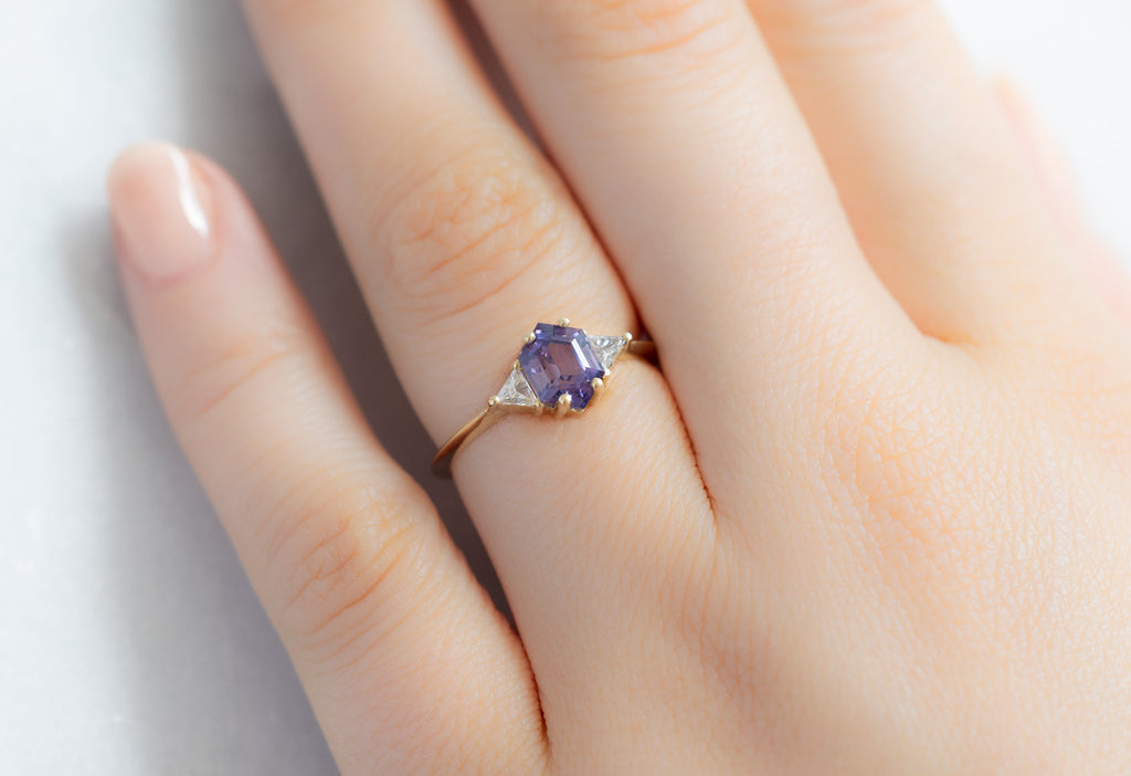 The Jade Ring with a Violet Hexagon Sapphire on Model