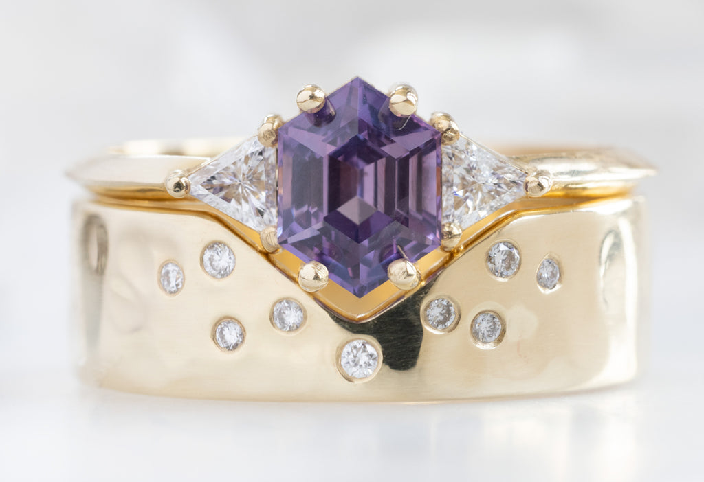 The Jade Ring with a Violet Hexagon Sapphire with Constellation Cut-Out Stacking Band