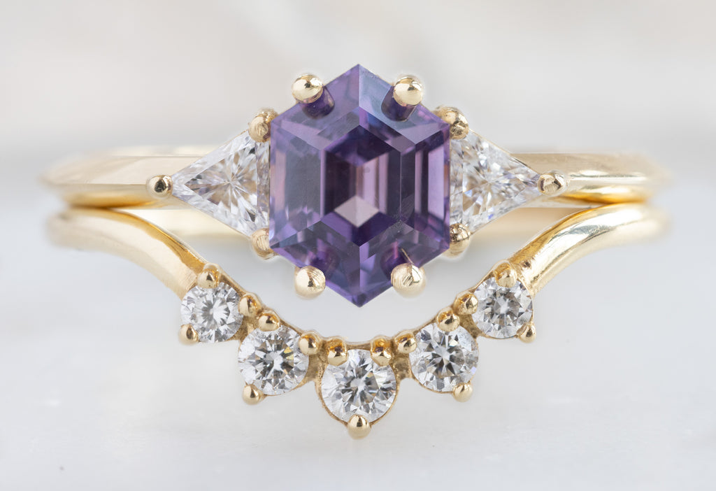 The Jade Ring with a Violet Hexagon Sapphire with Round Diamond Sunburst Stacking Band