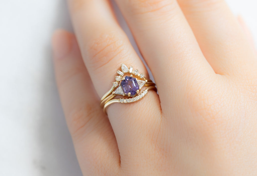 The Jade Ring with a Violet Hexagon Sapphire with White Diamond Stacking Bands on Model