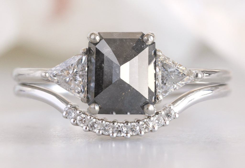 The Jade Ring with an Emerald-Cut Black Diamond with Pave Diamond Arc Stacking Band