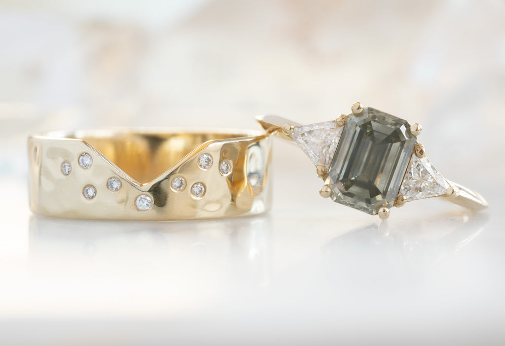 The Jade Ring with an Emerald-Cut Green Diamond with Constellation Cut-Out Stacking Band