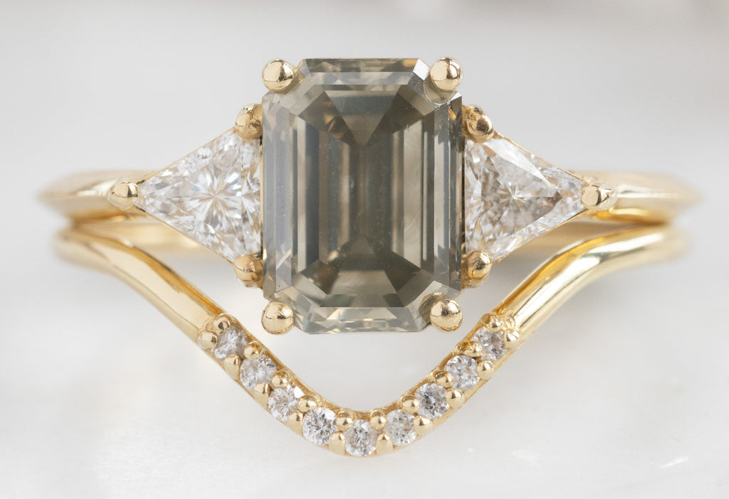 The Jade Ring with an Emerald-Cut Green Diamond with Pavé Peak Diamond Stacking Band