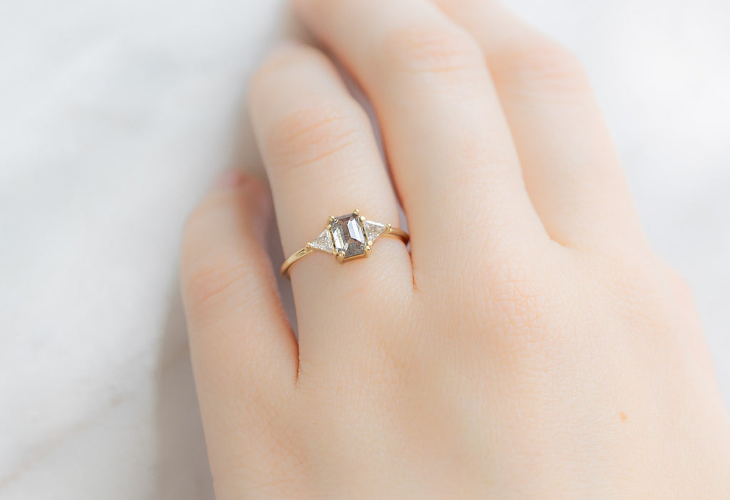 The Jade Ring with an Emerald-Cut Salt and Pepper Diamond on Model