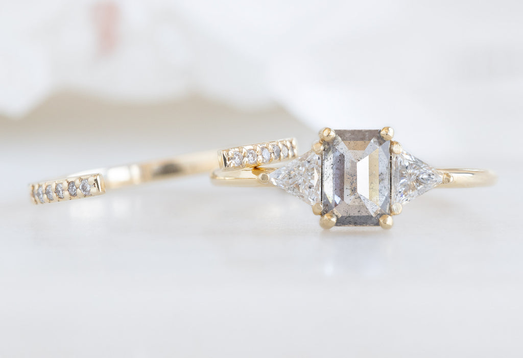 The Jade Ring with an Emerald-Cut Salt and Pepper Diamond with Open Cuff Pavé Diamond Stacking Band