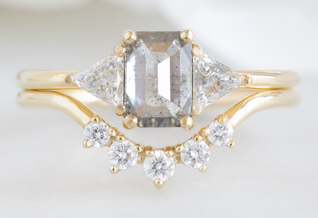 The Jade Ring with an Emerald-Cut Salt and Pepper Diamond with Round Diamond Sunburst Stacking Band