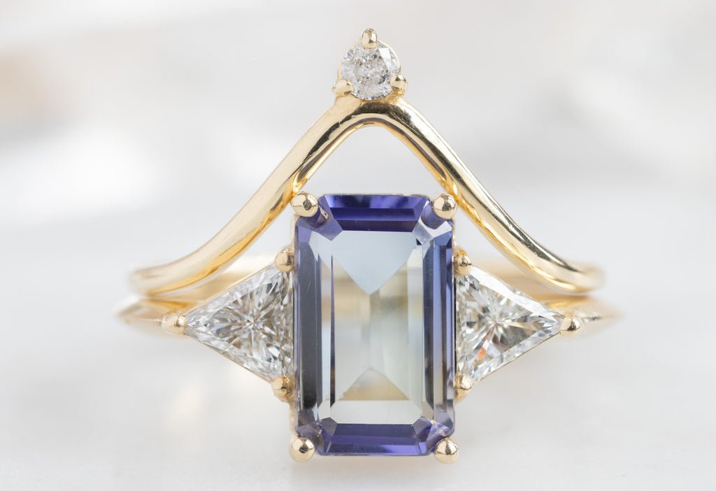 The Jade Ring with an Emerald-Cut Tanzanite with Diamond Crown Stacking Band