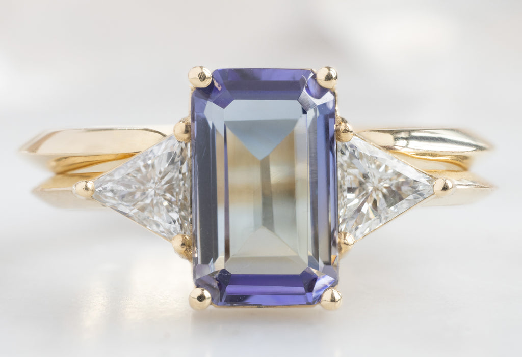 The Jade Ring with an Emerald-Cut Tanzanite with Open Cuff Knife-Edge Stacking Band