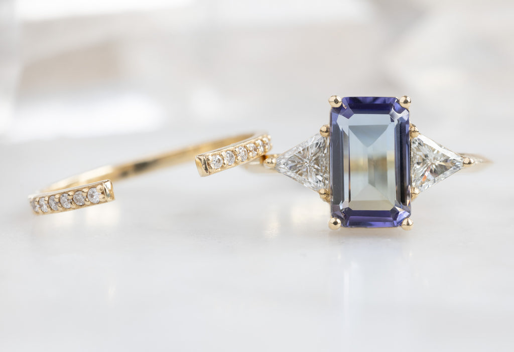 The Jade Ring with an Emerald-Cut Tanzanite with Open Cuff Pavé Diamond Stacking Band
