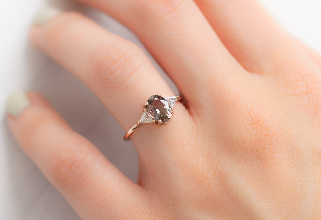 The Jade Ring with an Oval-Cut Bi-Color Tourmaline on Model