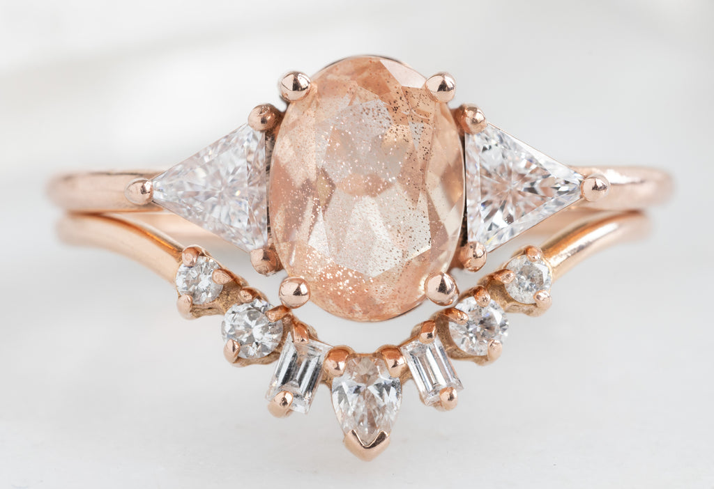 The Jade Ring with an Oval-Cut Sunstone with Geometric Diamond Sunburst Stacking Band