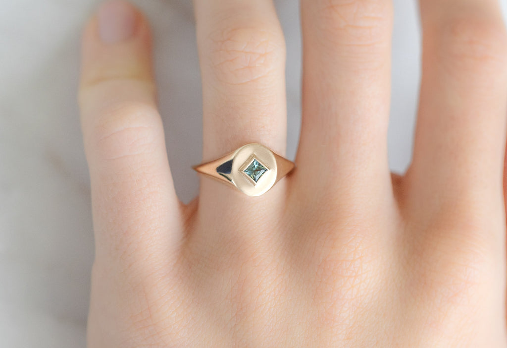 The Kite-Shaped Montana Sapphire Signet Ring on Model