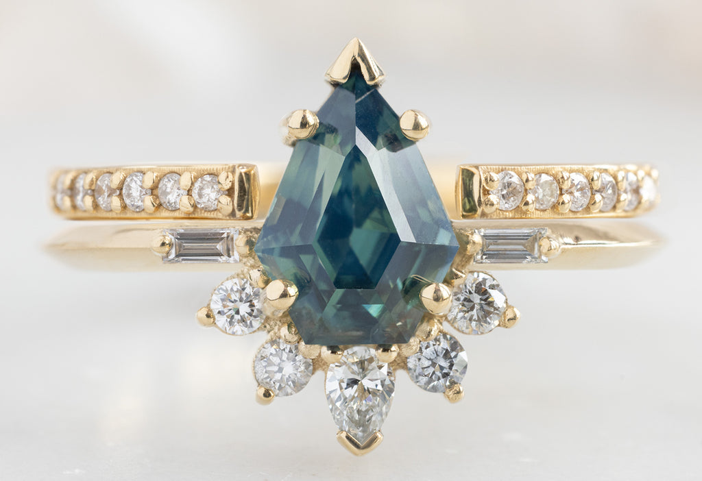 The Posy Ring with a Geometric Sapphire with Open Cuff Pavé Diamond Stacking Band