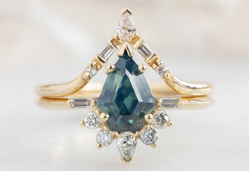 The Posy Ring with a Geometric Sapphire with White Diamond Tiara Stacking Band
