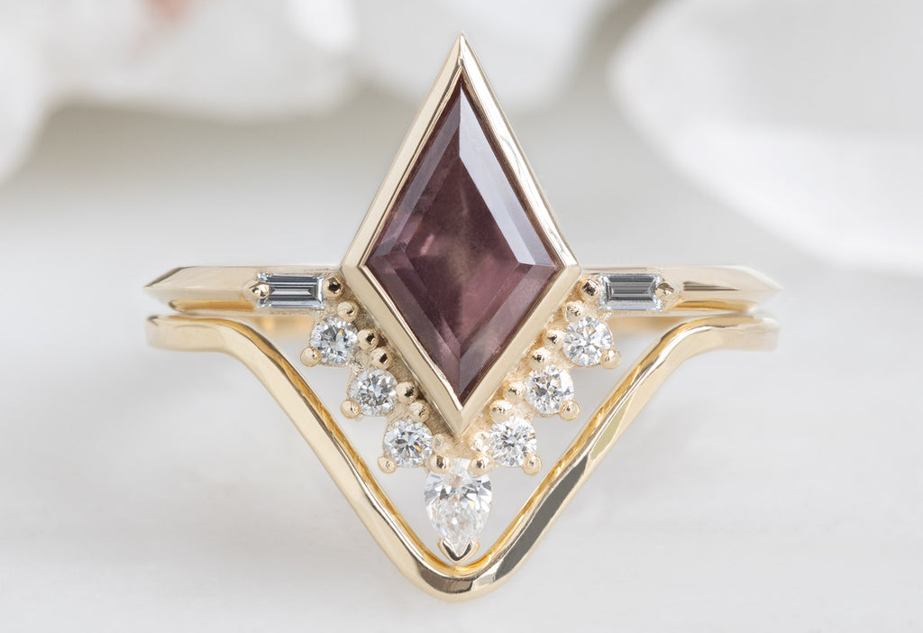 The Posy Ring with a Kite-Shaped Mauve Sapphire with Yellow Gold Peak Stacking Band
