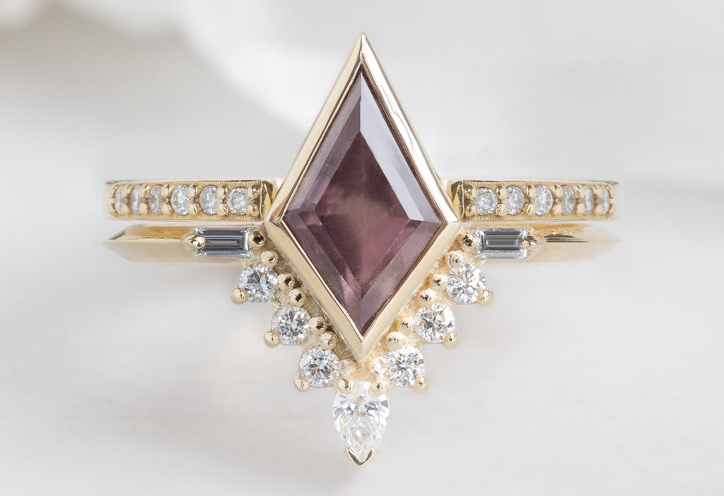 The Posy Ring with a Kite-Shaped Mauve Sapphire with Yellow Gold Open Cuff Pavé Diamond Stacking Band