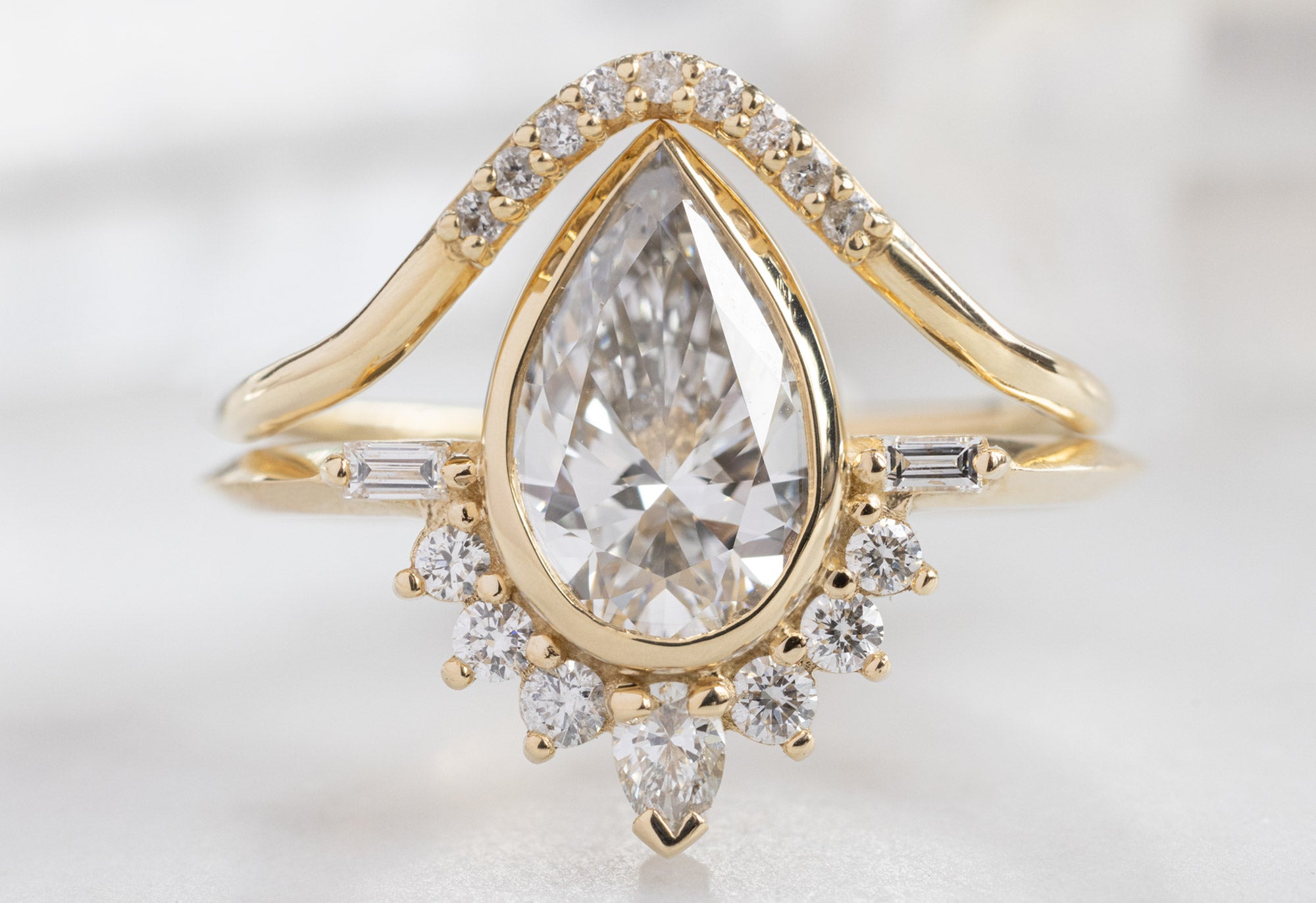The Posy Ring with a Pear-Cut Lab Grown Diamond with Pavé Arc Diamond Stacking Band
