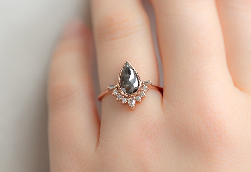 The Posy Ring with a Rose-Cut Black Diamond on Model