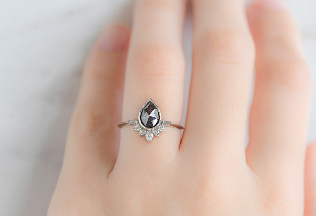 The Posy Ring with a Rose-Cut Black Diamond on Model