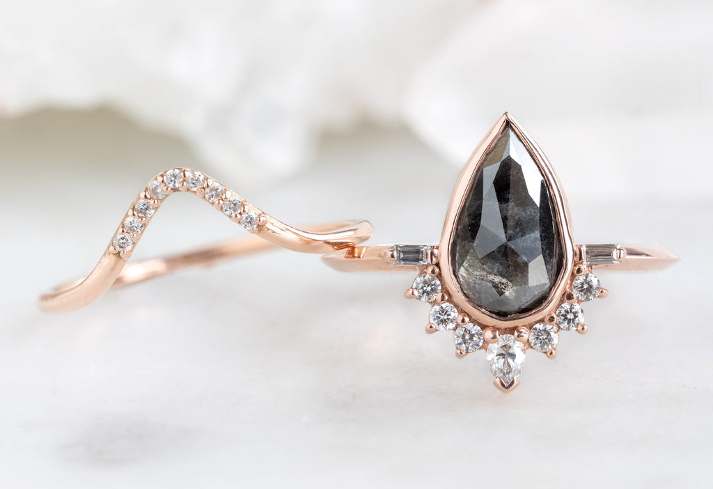 The Posy Ring with a Rose-Cut Black Diamond with Pavé Peak Stacking Band