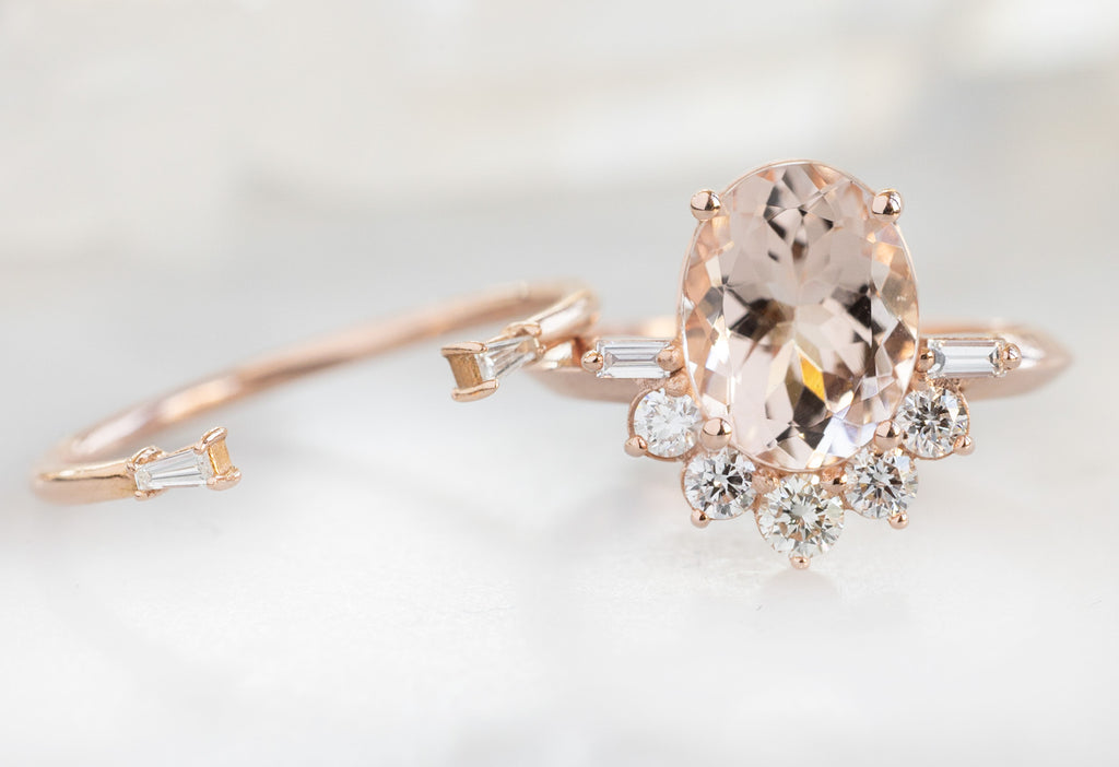 The Posy Ring with an Oval-Cut Morganite with Open Cuff Baguette Stacking Band