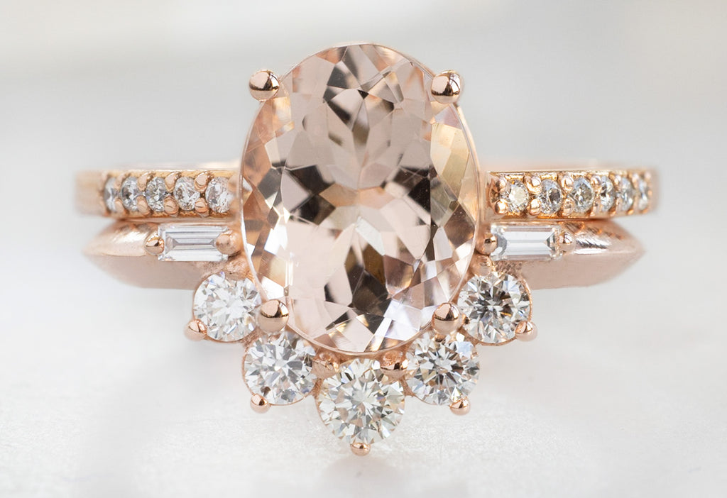 The Posy Ring with an Oval-Cut Morganite with Open Cuff Pavé Diamond Stacking Band