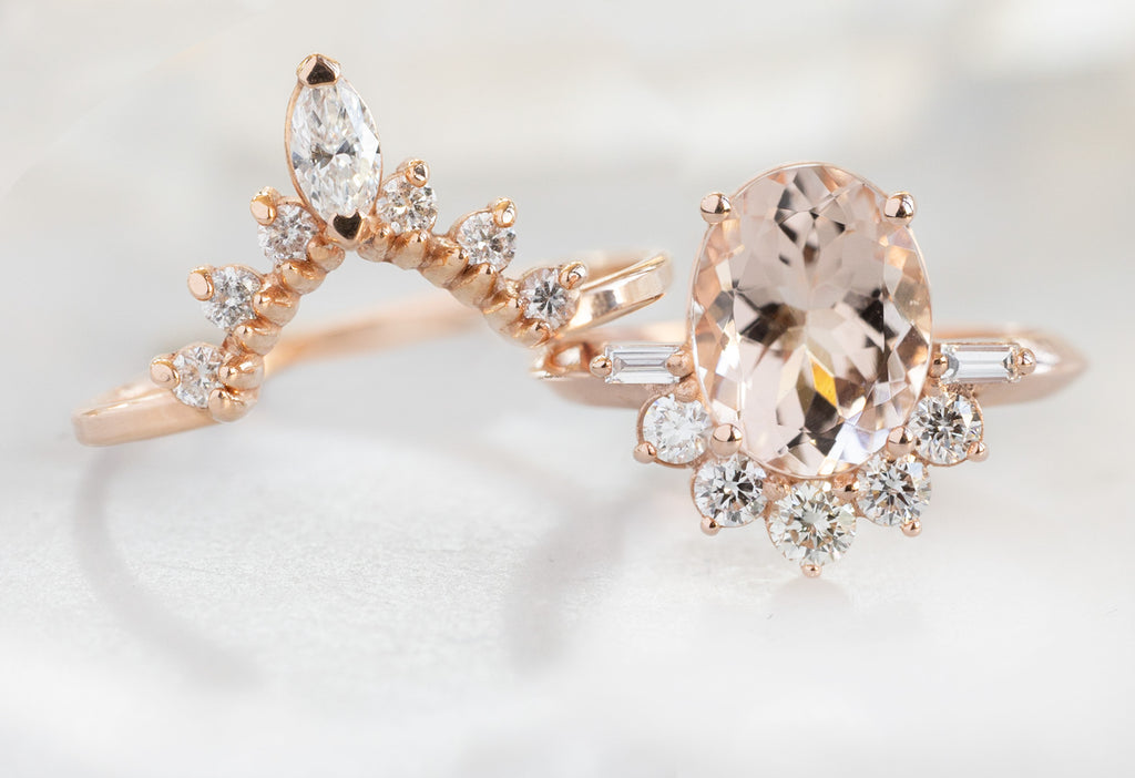 The Posy Ring with an Oval-Cut Morganite with White Diamond Sunburst Stacking Band