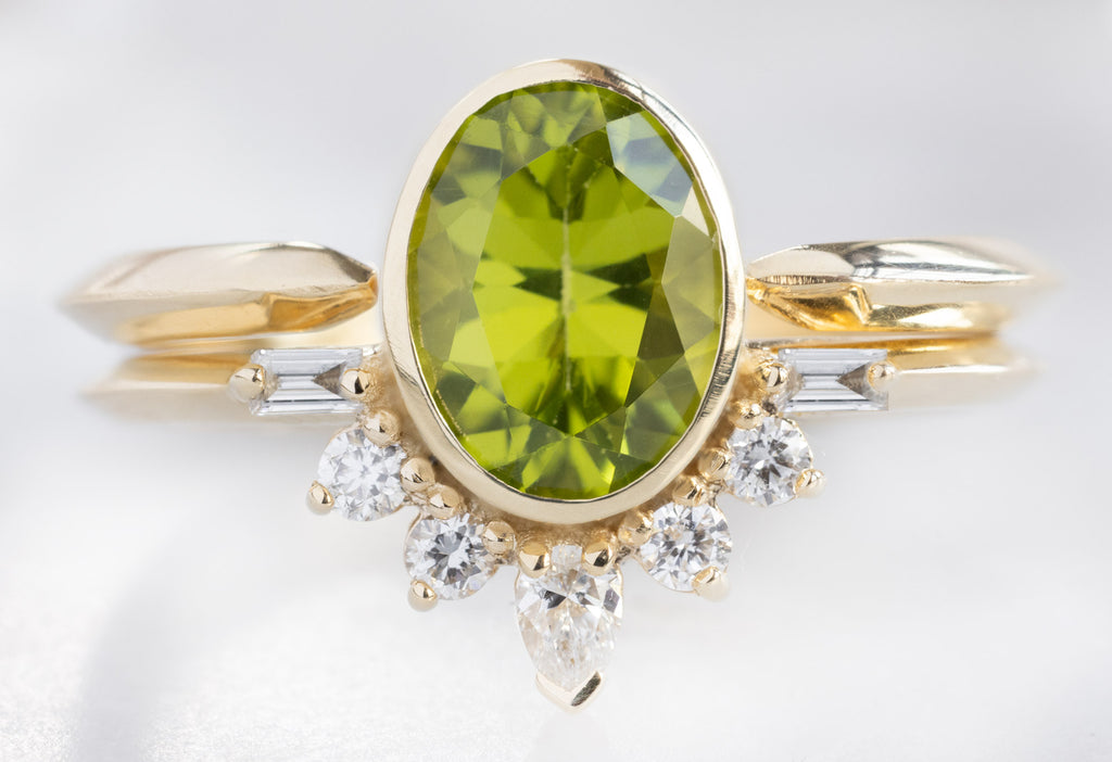 The Posy Ring with an Oval-Cut Peridot with Open Cuff knife-Edge Stacking Band