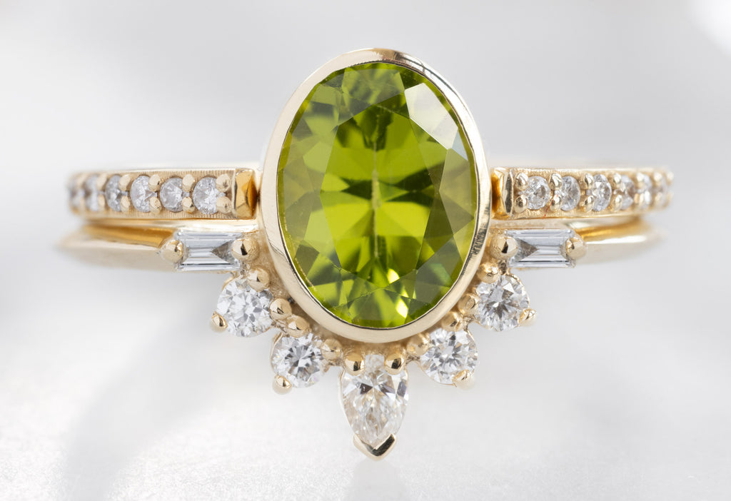 The Posy Ring with an Oval-Cut Peridot with Open Cuff Knife-Edge Stacking Band