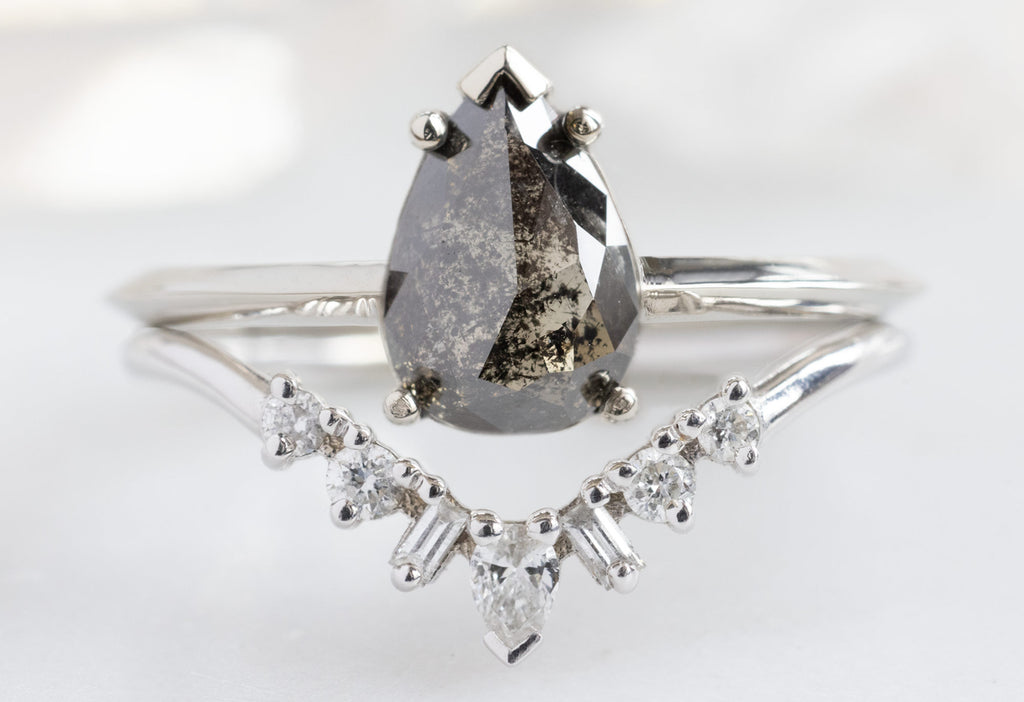 The Sage Ring with a Rose-Cut Black Diamond with Geometric Diamond Sunburst Stacking Band