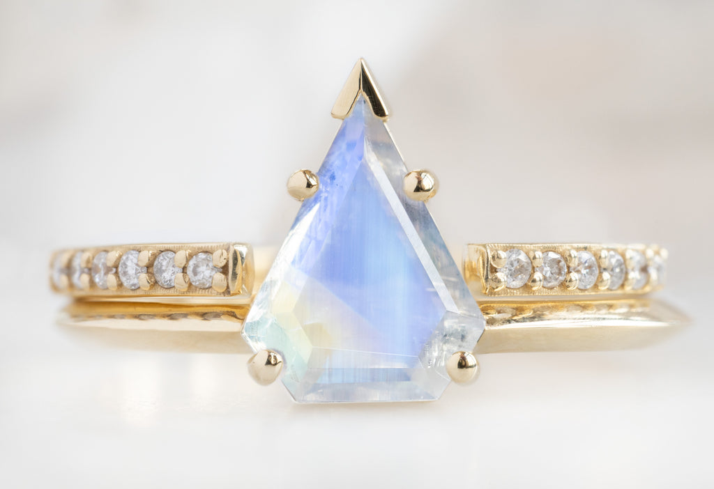 The Sage Ring with a Shield-Cut Moonstone with Open Cuff Pavé Diamond Stacking Bnad