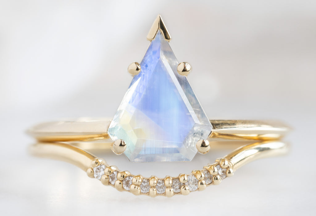 The Sage Ring with a Shield-Cut Moonstone with Pavé Arc Stacking Band
