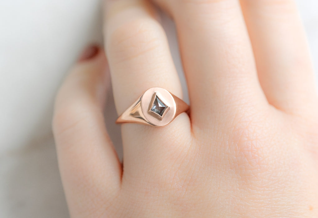The Salt and Pepper Kite Diamond Signet Ring on Model