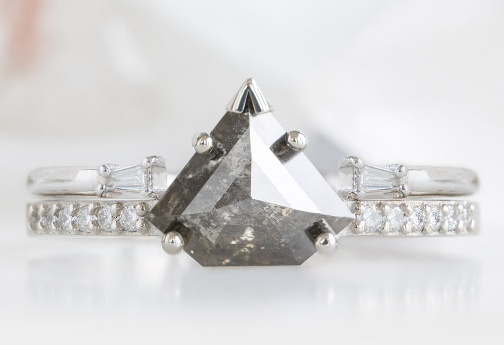 The Willow Ring with a Black Geometric Diamond with Open Cuff Baguette Diamond Stacking Band